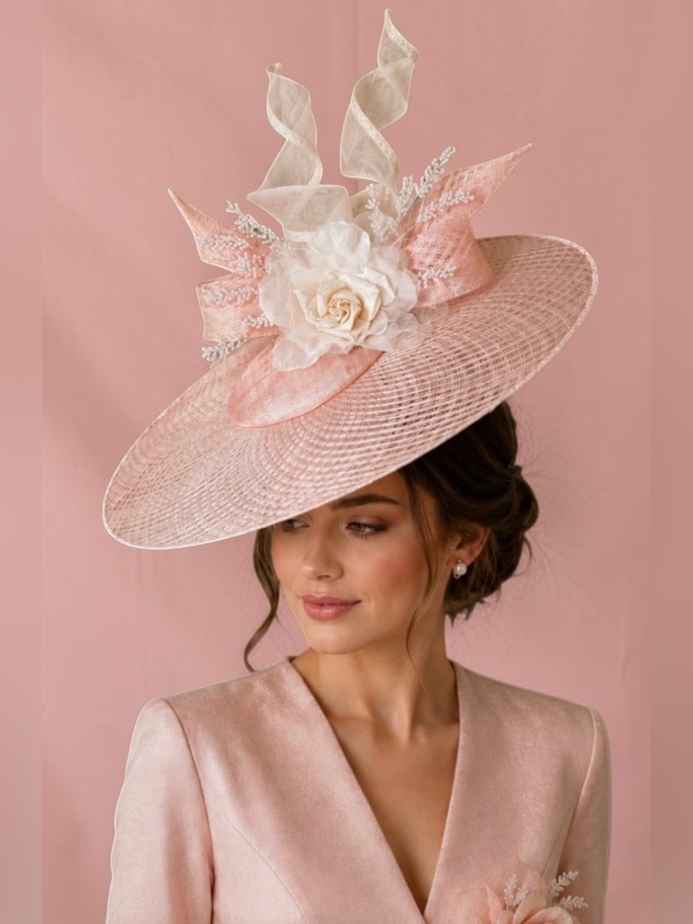 Pale pink basket weave, large brim fascinator w silk and pearls. How can u lose?